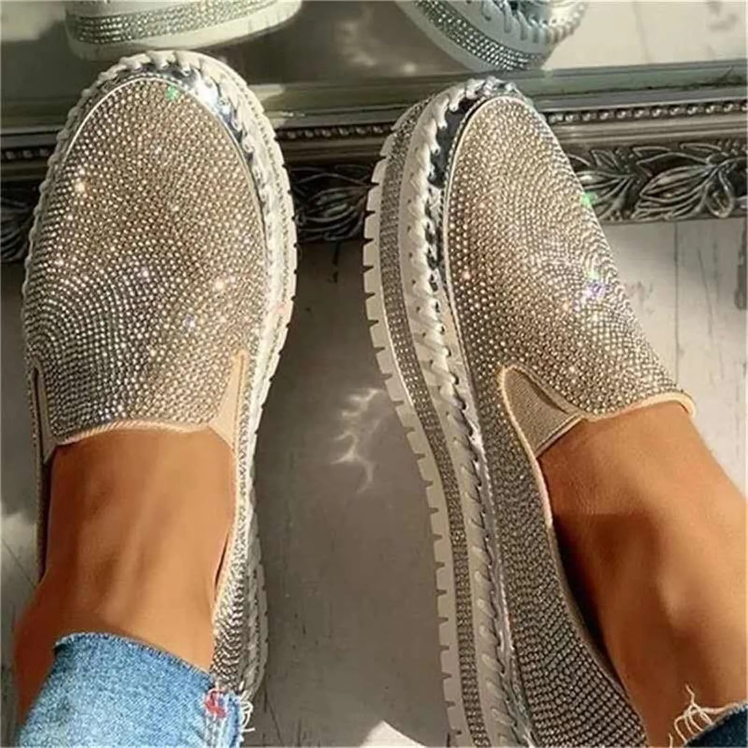Ladmiple Sneakers For Women Walking Shoes Wide Width Slip on Glitter Shoes Fashion Dressy Summer Sparkly Flats Loafers