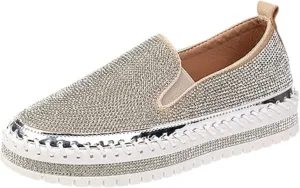 Ladmiple Sneakers For Women Walking Shoes Wide Width Slip on Glitter Shoes Fashion Dressy Summer Sparkly Flats Loafers