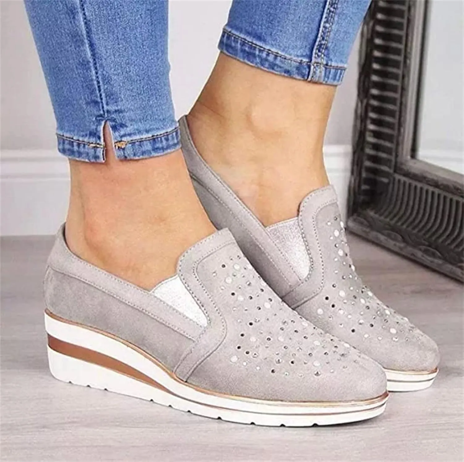 Ladmiple Sneakers For Women Walking Shoes Wide Width Slip on Glitter Shoes Fashion Sparkly Dressy Summer Flats Loafers