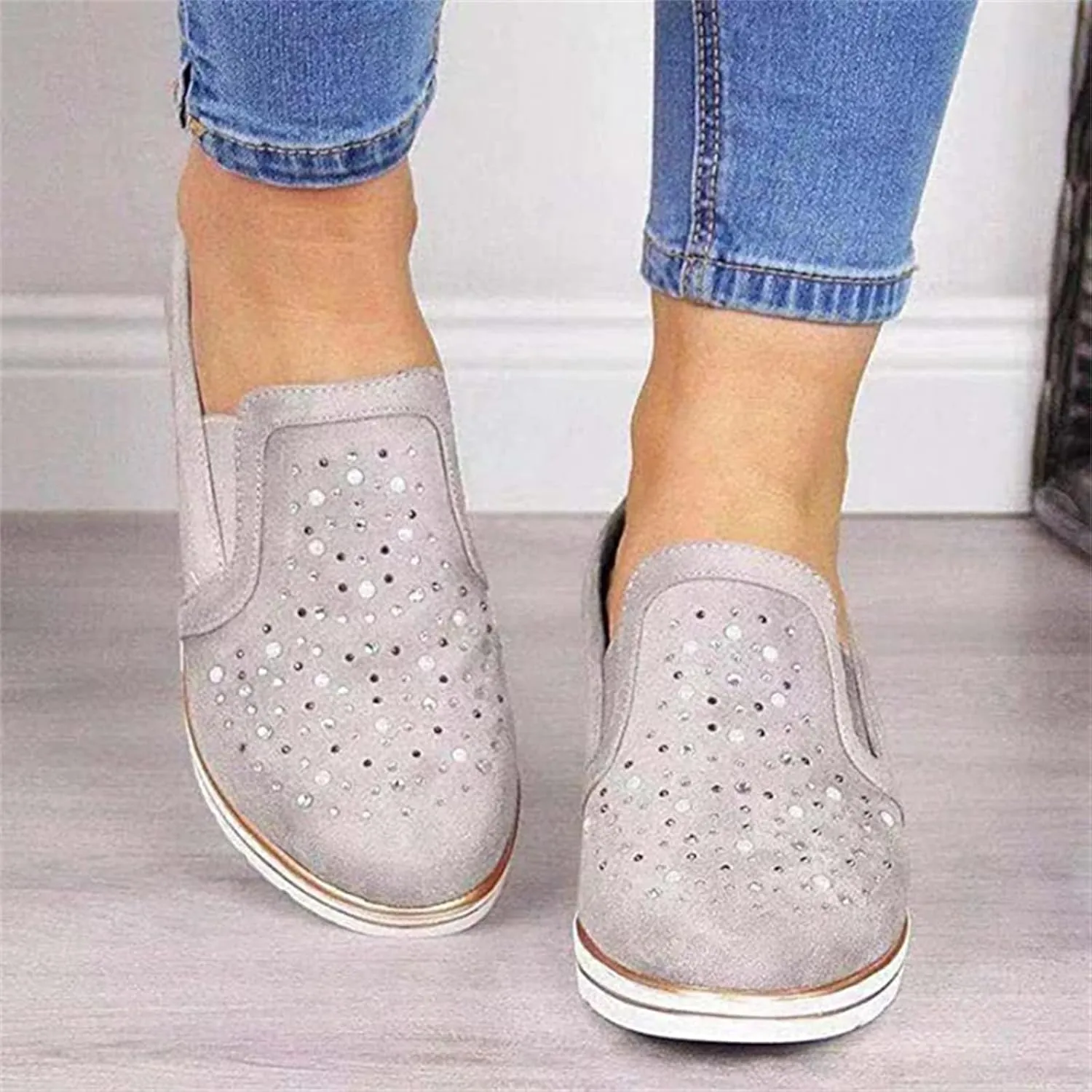 Ladmiple Sneakers For Women Walking Shoes Wide Width Slip on Glitter Shoes Fashion Sparkly Dressy Summer Flats Loafers