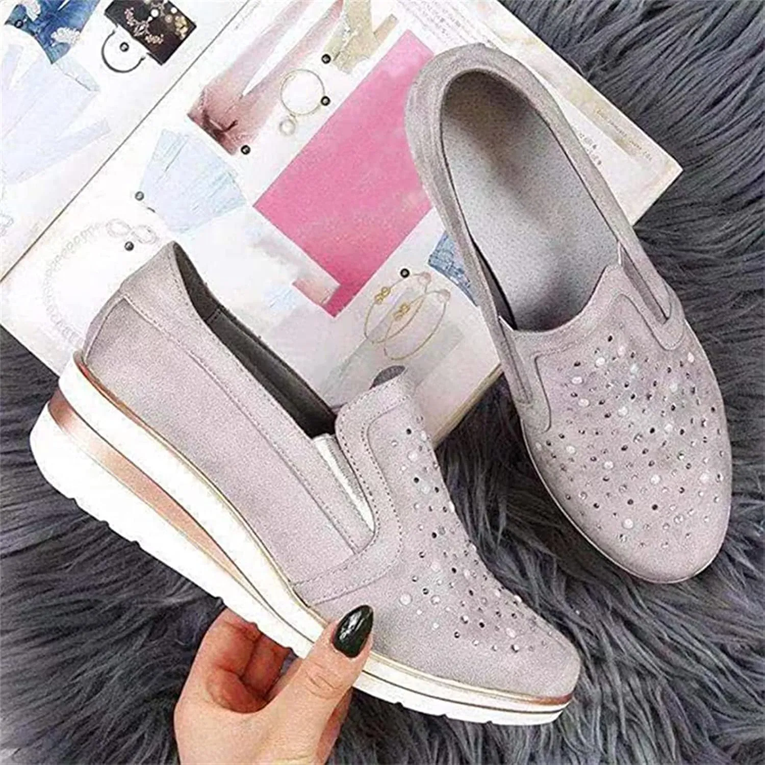 Ladmiple Sneakers For Women Walking Shoes Wide Width Slip on Glitter Shoes Fashion Sparkly Dressy Summer Flats Loafers
