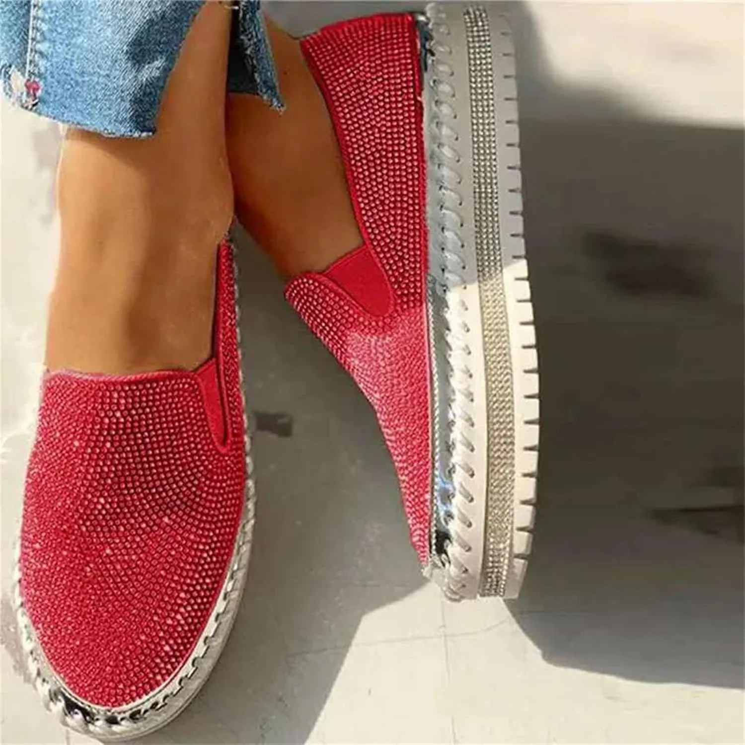 Ladmiple Sneakers For Women Walking Shoes Wide Width Slip On Sparkly Glitter Shoes Fashion Dressy Summer Flats Loafers