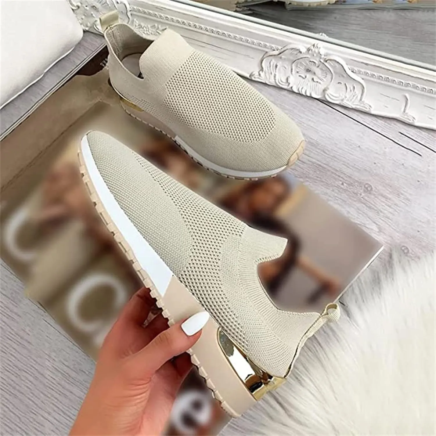 Ladmiple Walking Shoes Women Arch Support Slip On Sneakers Memory Foam Lightweight Casual Athletic Running Sneakers for Gym