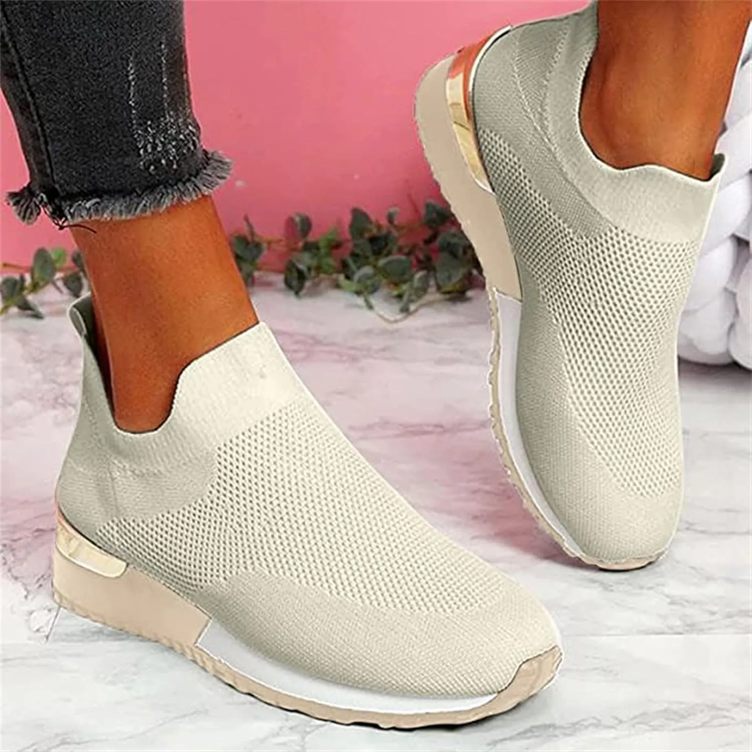 Ladmiple Walking Shoes Women Arch Support Slip On Sneakers Memory Foam Lightweight Casual Athletic Running Sneakers for Gym