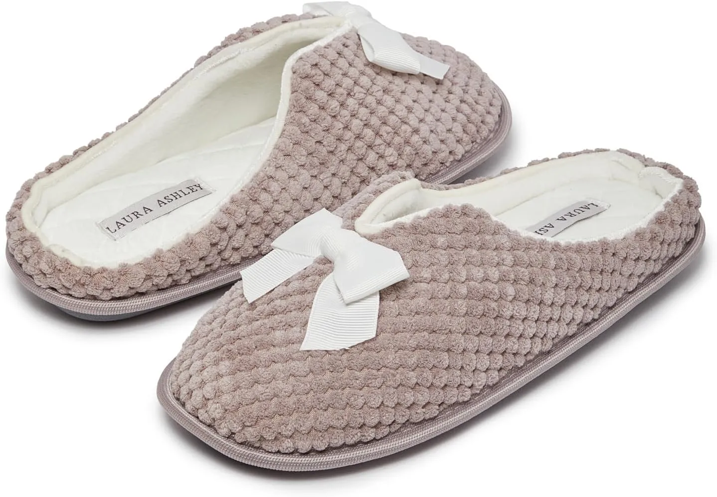 Laura Ashley Womens Memory Foam Slip On Terry Cloth Clog Slippers, Ladies Fuzzy Rubber Bottom Fur Bedroom House Shoes