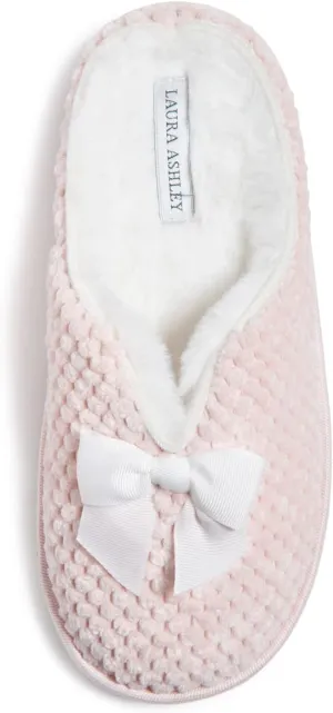 Laura Ashley Womens Memory Foam Slip On Terry Cloth Clog Slippers, Ladies Fuzzy Rubber Bottom Fur Bedroom House Shoes