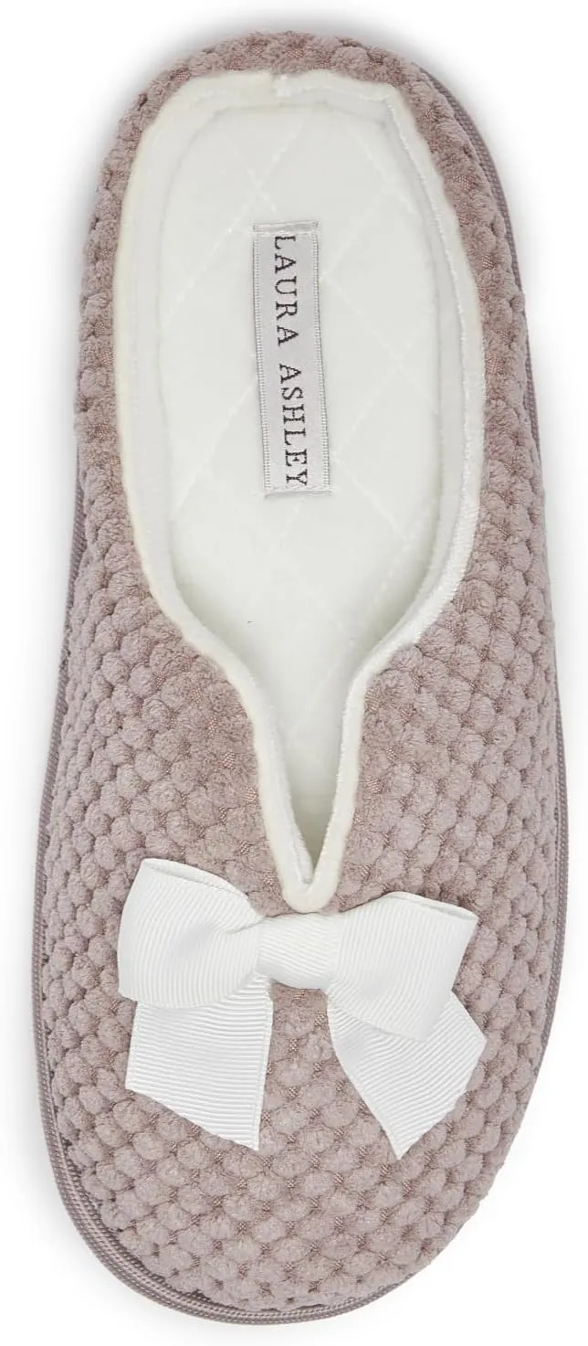 Laura Ashley Womens Memory Foam Slip On Terry Cloth Clog Slippers, Ladies Fuzzy Rubber Bottom Fur Bedroom House Shoes
