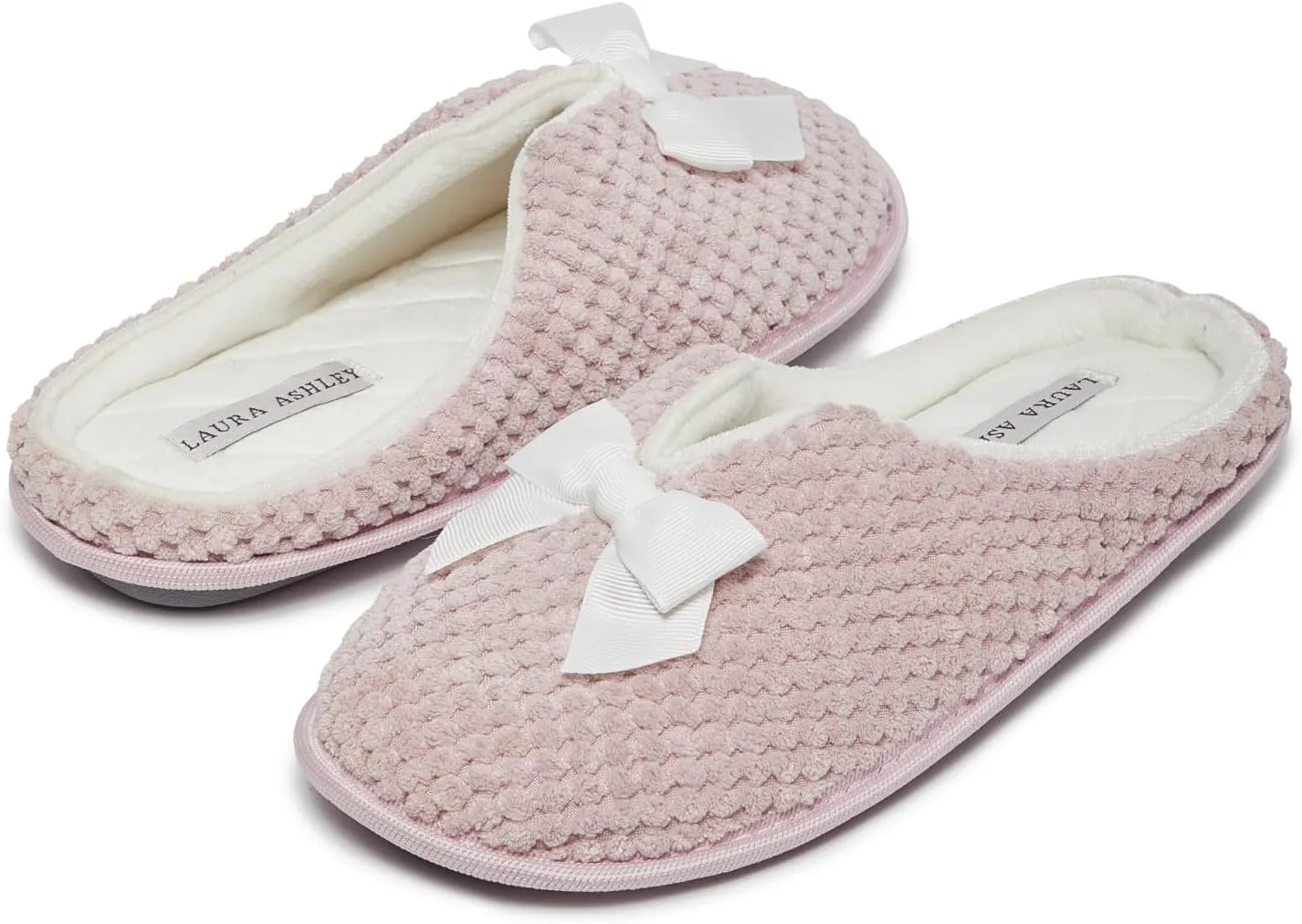 Laura Ashley Womens Memory Foam Slip On Terry Cloth Clog Slippers, Ladies Fuzzy Rubber Bottom Fur Bedroom House Shoes