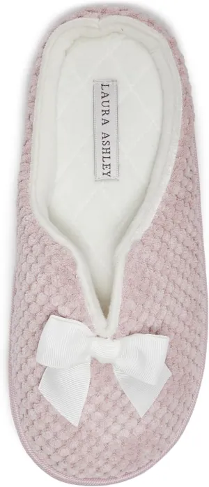 Laura Ashley Womens Memory Foam Slip On Terry Cloth Clog Slippers, Ladies Fuzzy Rubber Bottom Fur Bedroom House Shoes