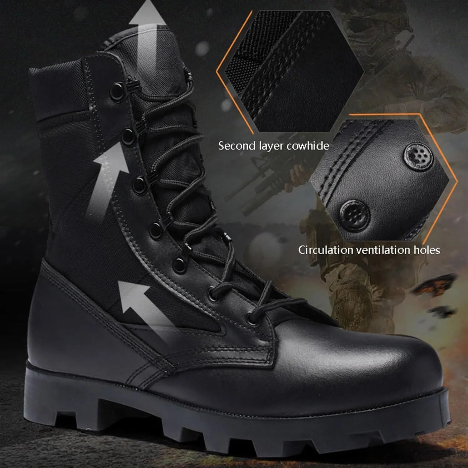 Men's Motocycle Combat Boots, Men's Plus Size Breathable Anti Slip Lace Up High Top Tactical Boots, Wear Resistant Comfortable Waterproof Hiking Boots, for Work, Security
