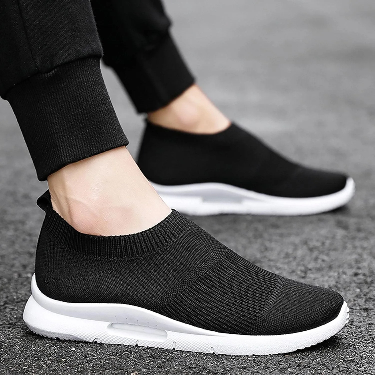 Mens Slip on Cushion Running Shoes Breathable Mesh Knit Lightweight Walking Shoes for Men Arch Support Sneakers with Durable Comfortable Sole Non-Slip Daily Work Wear Footwear