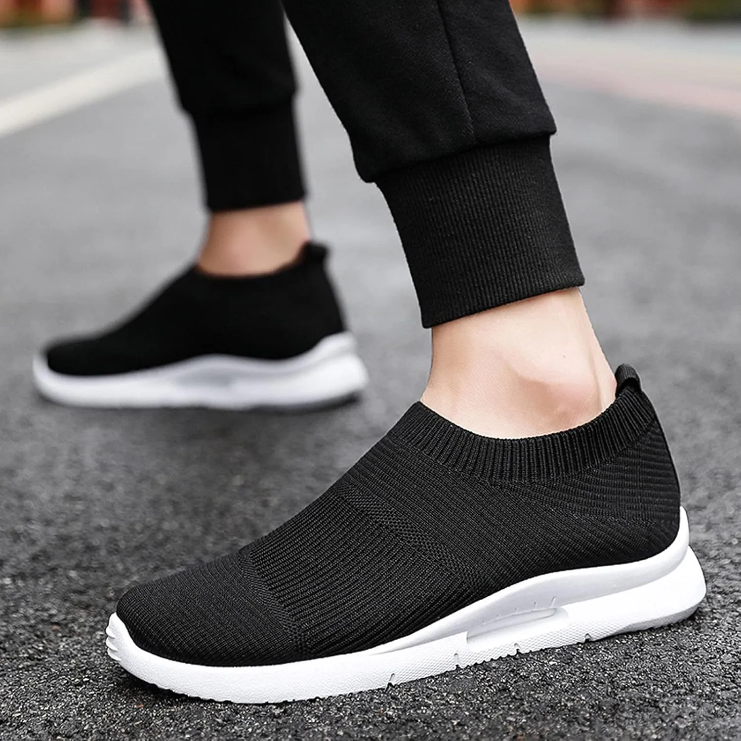 Mens Slip on Cushion Running Shoes Breathable Mesh Knit Lightweight Walking Shoes for Men Arch Support Sneakers with Durable Comfortable Sole Non-Slip Daily Work Wear Footwear