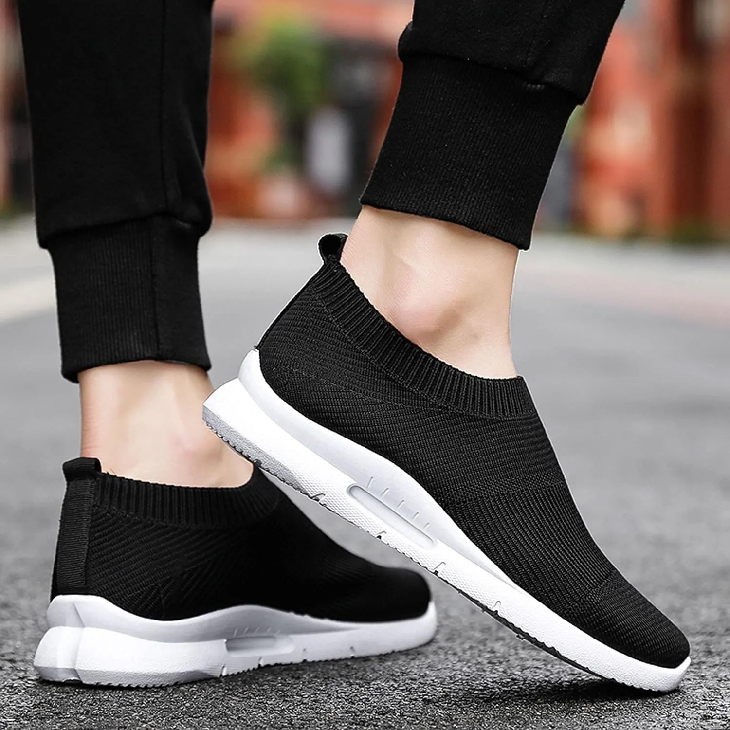 Mens Slip on Cushion Running Shoes Breathable Mesh Knit Lightweight Walking Shoes for Men Arch Support Sneakers with Durable Comfortable Sole Non-Slip Daily Work Wear Footwear