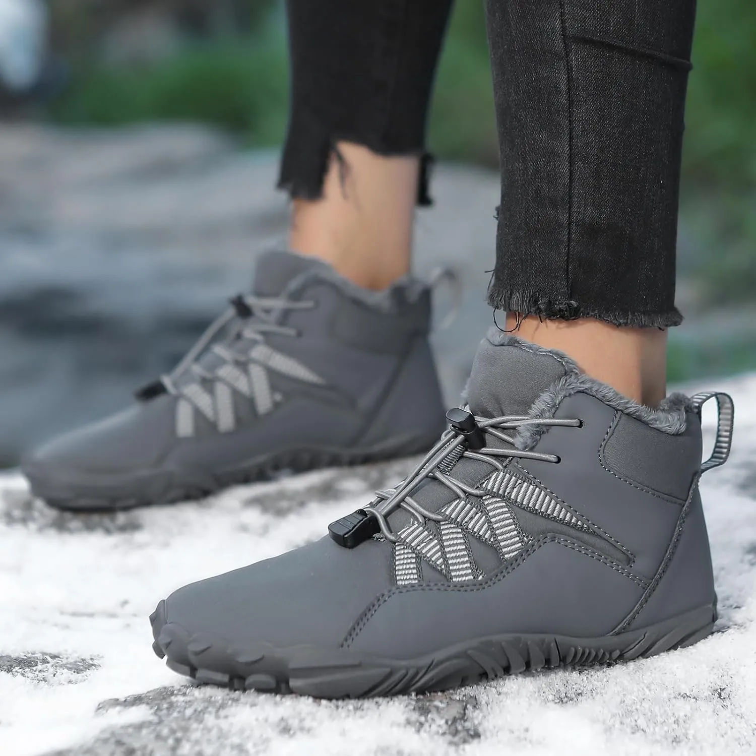 Men's Women's Winter Snow Boots, Slip On Warm Fur Lined Zero Drop Barefoot Hiking Boots, Wide Toe Box Ankle Booties, Minimalist Waterproof Non-Slip Sneakers Hike Shoes for Hiking Walking Outdoor