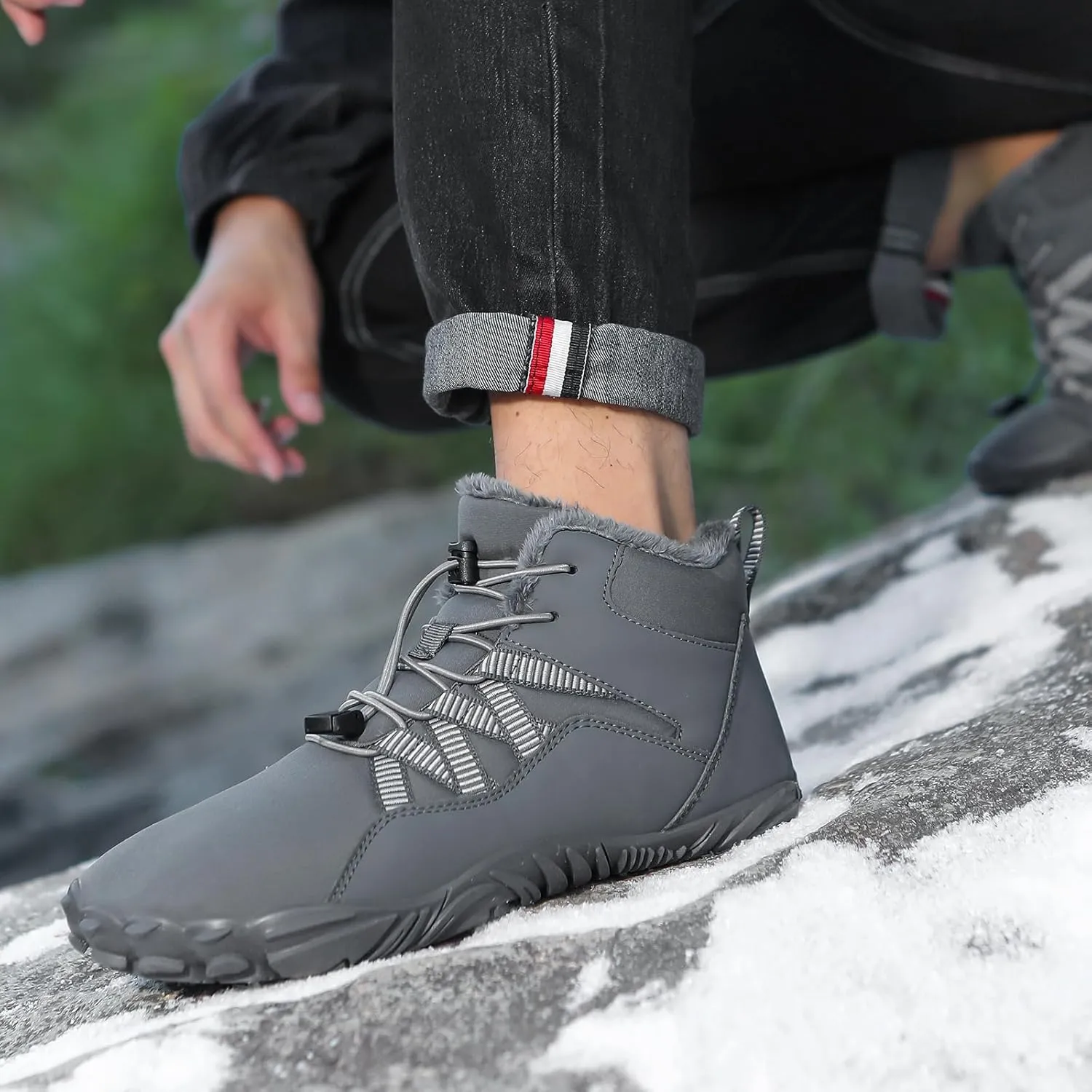 Men's Women's Winter Snow Boots, Slip On Warm Fur Lined Zero Drop Barefoot Hiking Boots, Wide Toe Box Ankle Booties, Minimalist Waterproof Non-Slip Sneakers Hike Shoes for Hiking Walking Outdoor