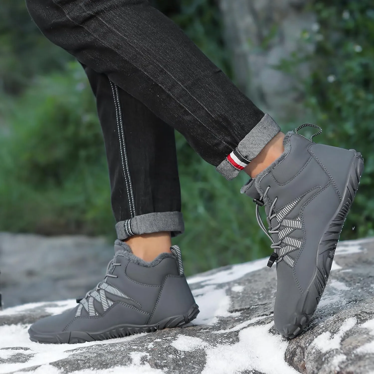 Men's Women's Winter Snow Boots, Slip On Warm Fur Lined Zero Drop Barefoot Hiking Boots, Wide Toe Box Ankle Booties, Minimalist Waterproof Non-Slip Sneakers Hike Shoes for Hiking Walking Outdoor
