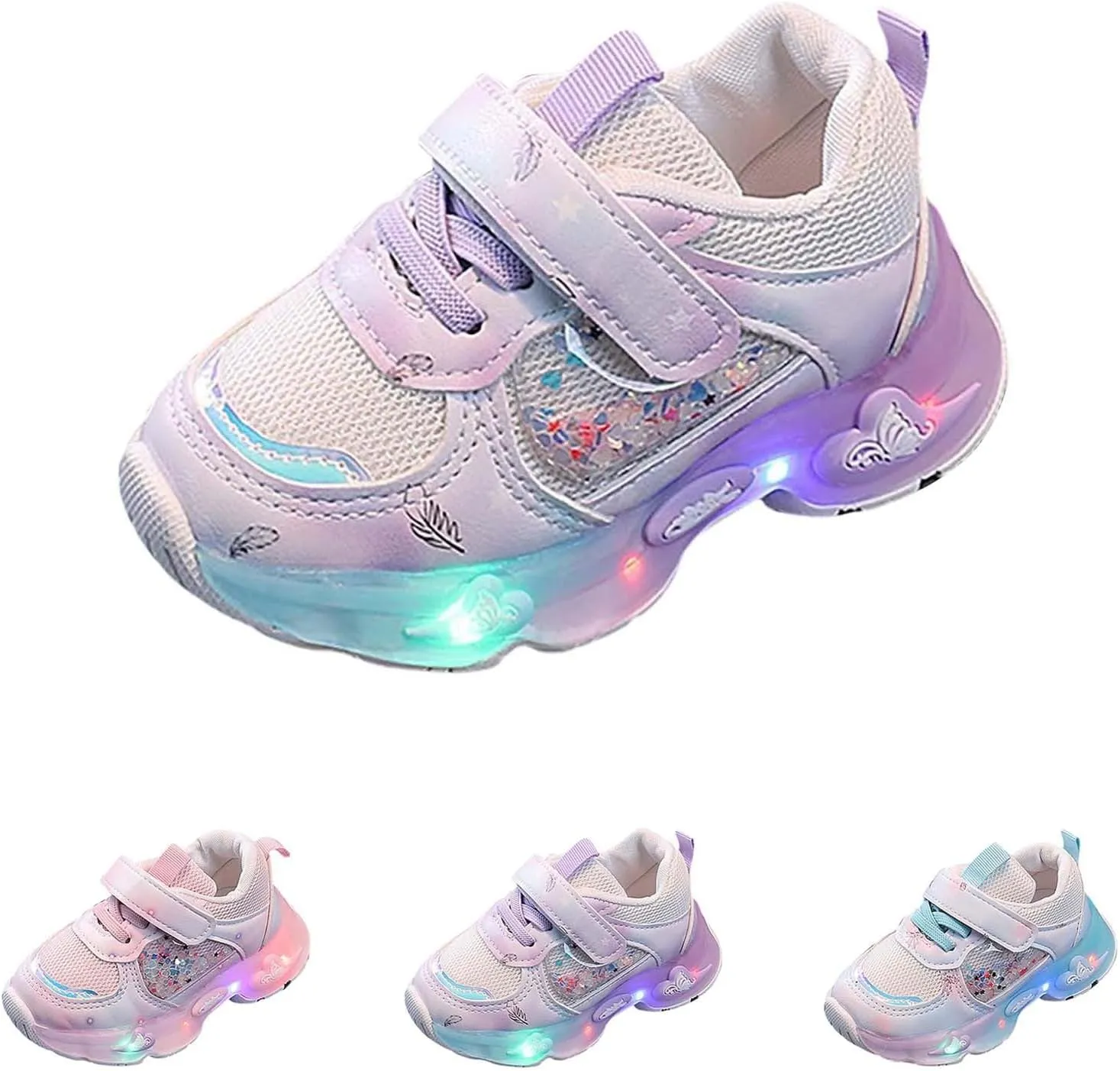 Mesh Glitter 𝗖artoon Sneaker for Toddler Baby Girls Open Breathable Light Up Sport Shoes Outdoor Running Non Slip Comfy