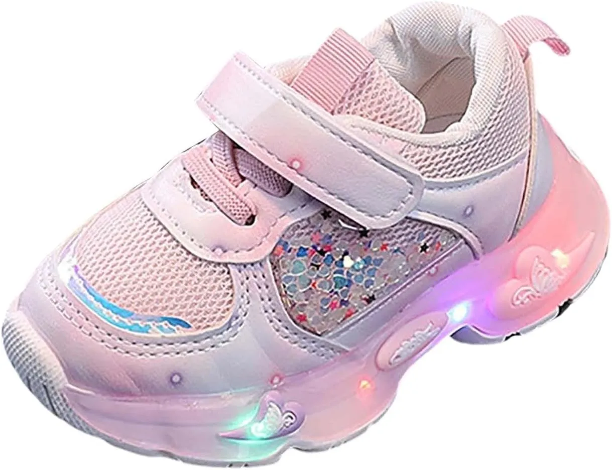 Mesh Glitter 𝗖artoon Sneaker for Toddler Baby Girls Open Breathable Light Up Sport Shoes Outdoor Running Non Slip Comfy
