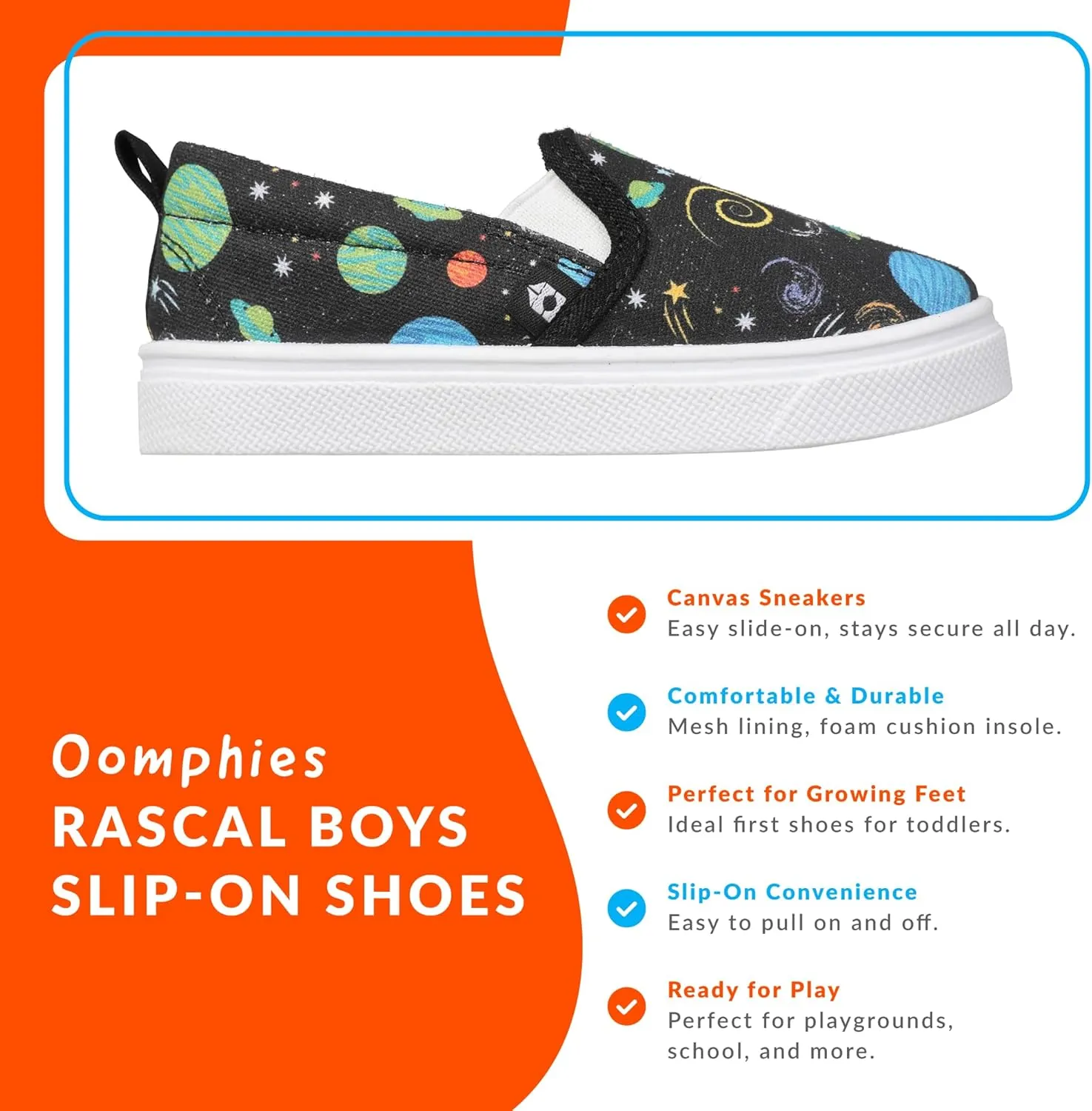 Oomphies Rascal Boys Slip-On Shoes, Comfortable Canvas Toddler Sneakers, Easy Pull-On, Durable & Breathable