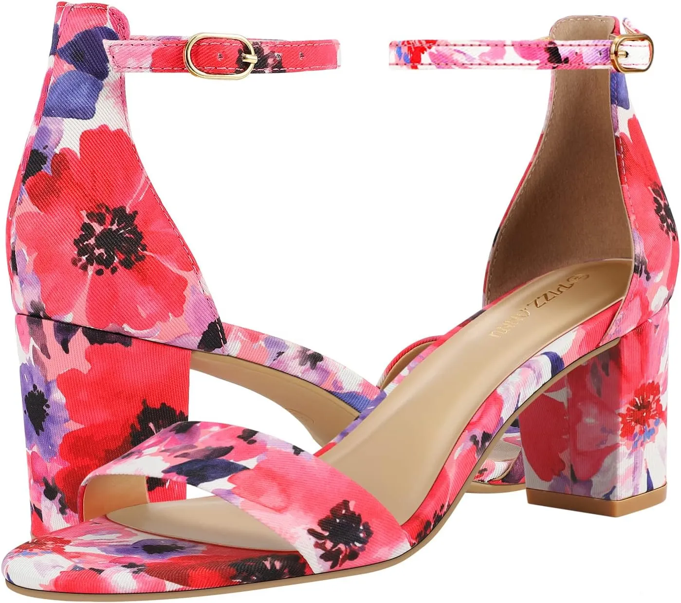 PIZZ ANNU Women's Open Toe Ankle Strap Low Block Chunky Heels Sandals Party Dress Pumps Shoes Strappy Buckle Sandals with 2.6" Tall Thick Heel Design