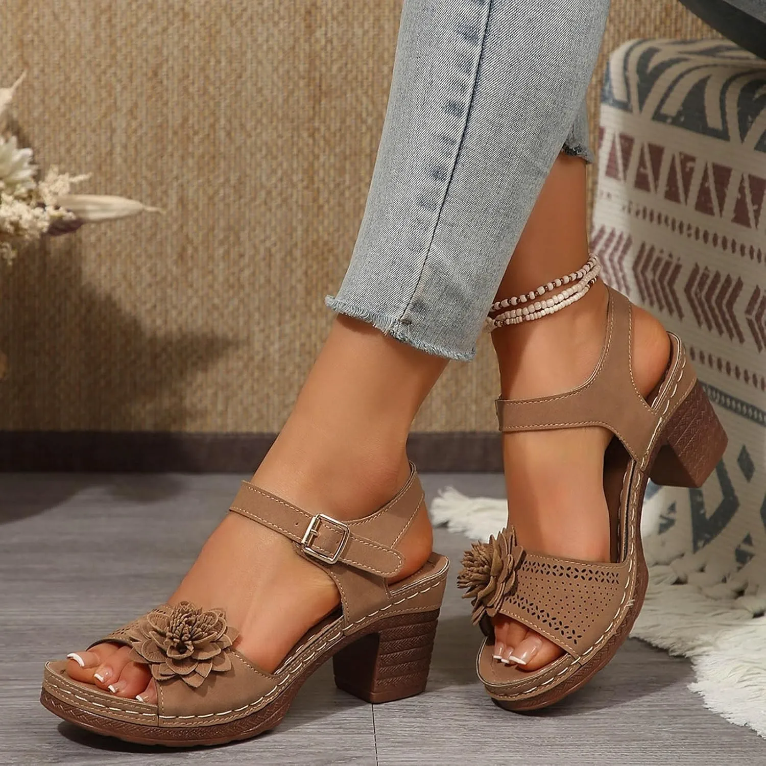 Platform Heels for Women Block Chunky Wedges High Heel Sandals Ankle Strap Open Toe Slip-on Sandals Casual Summer Beach Pumps