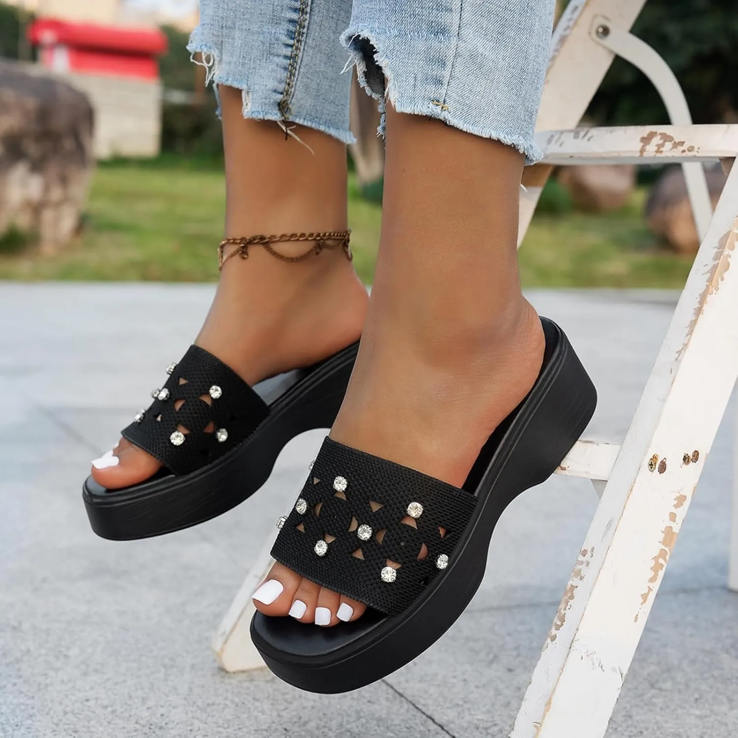 Platform Sandals Women Fasciitis Arch Support Cushion Slippers Comfortable Slip-On Open Toe Summer Sandals Casual Walking Slippers