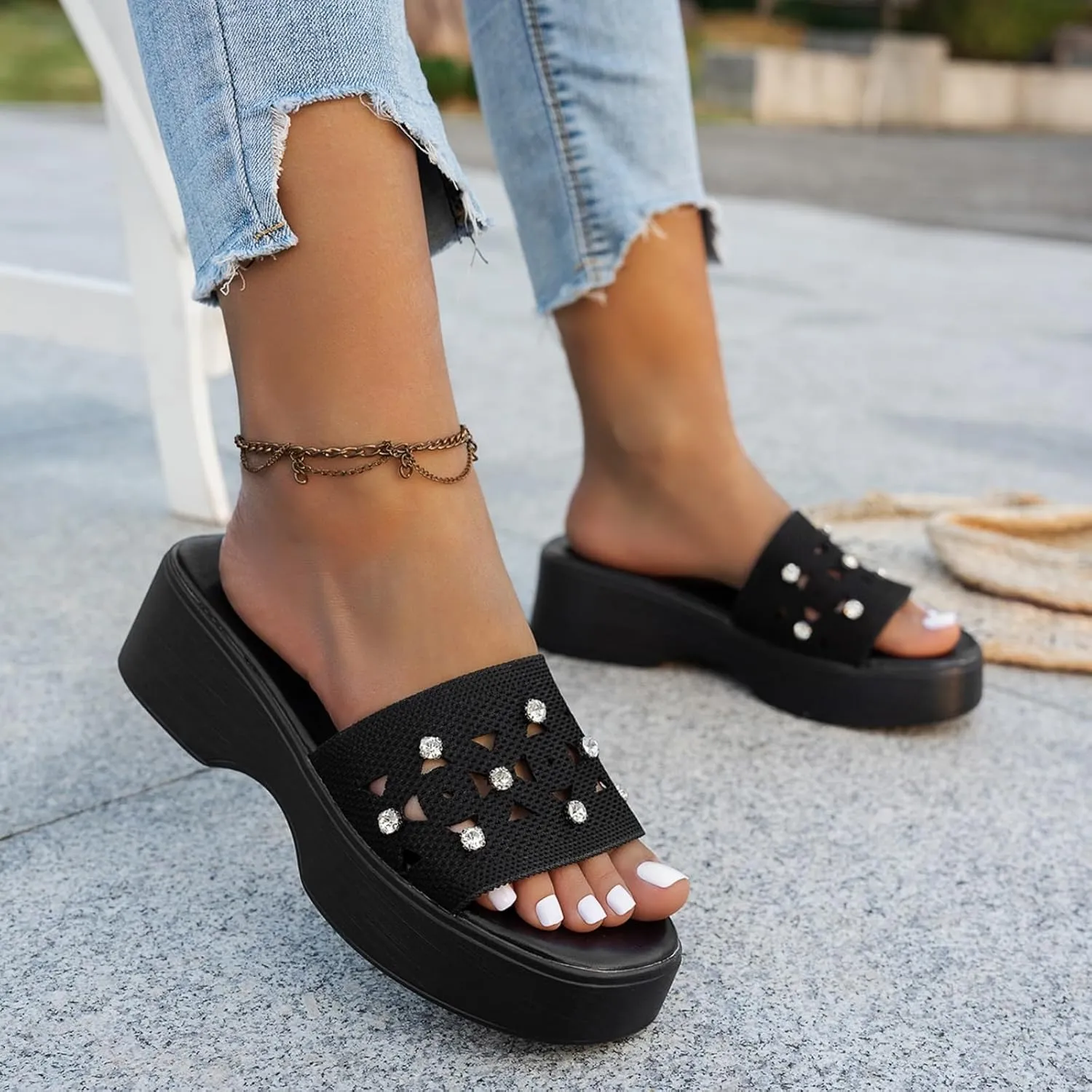 Platform Sandals Women Fasciitis Arch Support Cushion Slippers Comfortable Slip-On Open Toe Summer Sandals Casual Walking Slippers