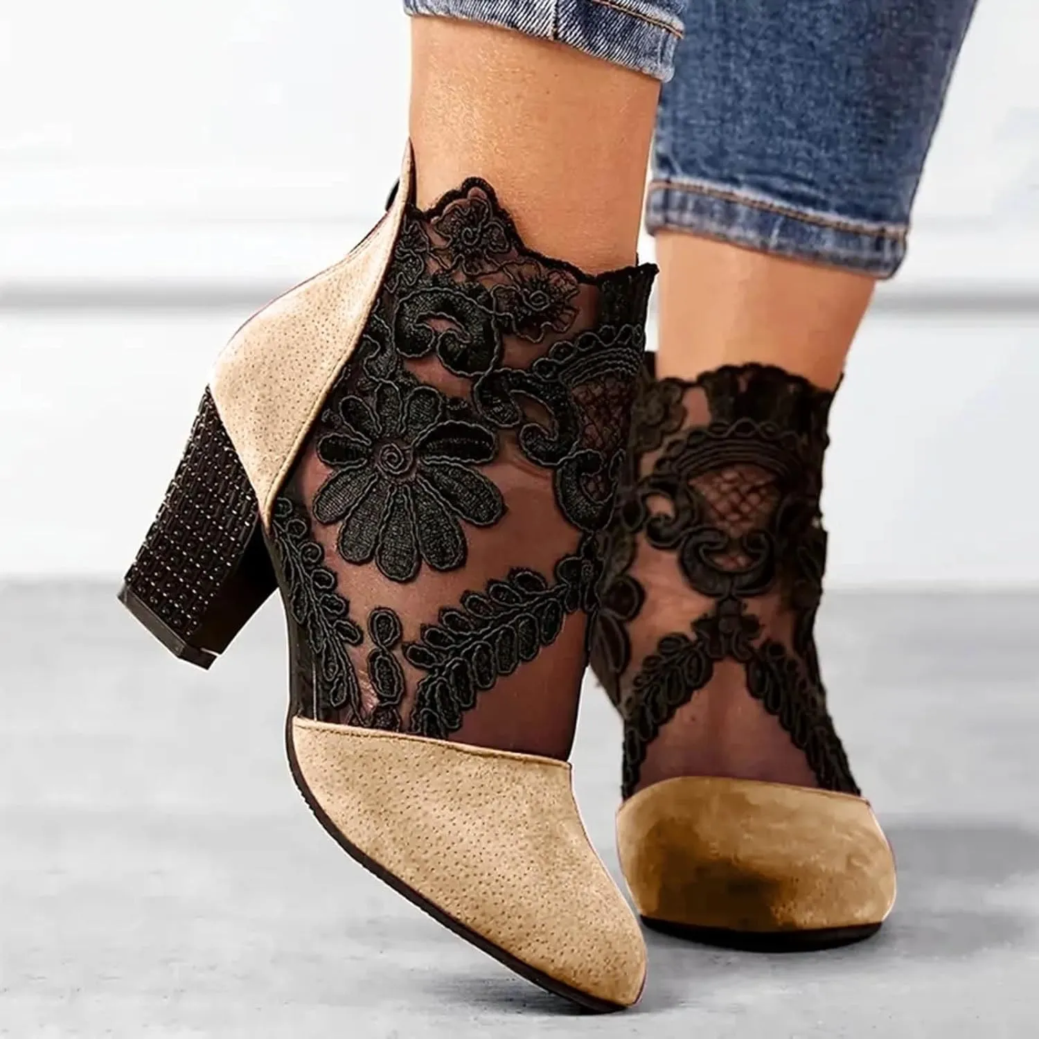 Shoes for Women Sandals, Womens Sandals Sexy Hollow Floral Lace Chunky High Heels Peep Toe Platform Boots