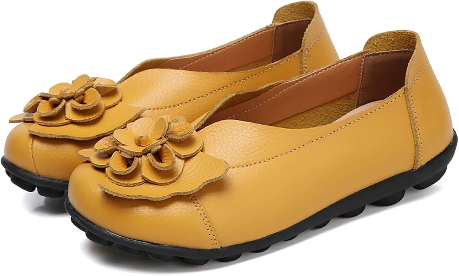 Slip on Loafers for Women Leather Flowers Loafers Comfortable Walking Work Flats Shoes Lightweight Soft Sole Flat Shoes Round Toe Summer Shoe