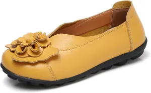 Slip on Loafers for Women Leather Flowers Loafers Comfortable Walking Work Flats Shoes Lightweight Soft Sole Flat Shoes Round Toe Summer Shoe
