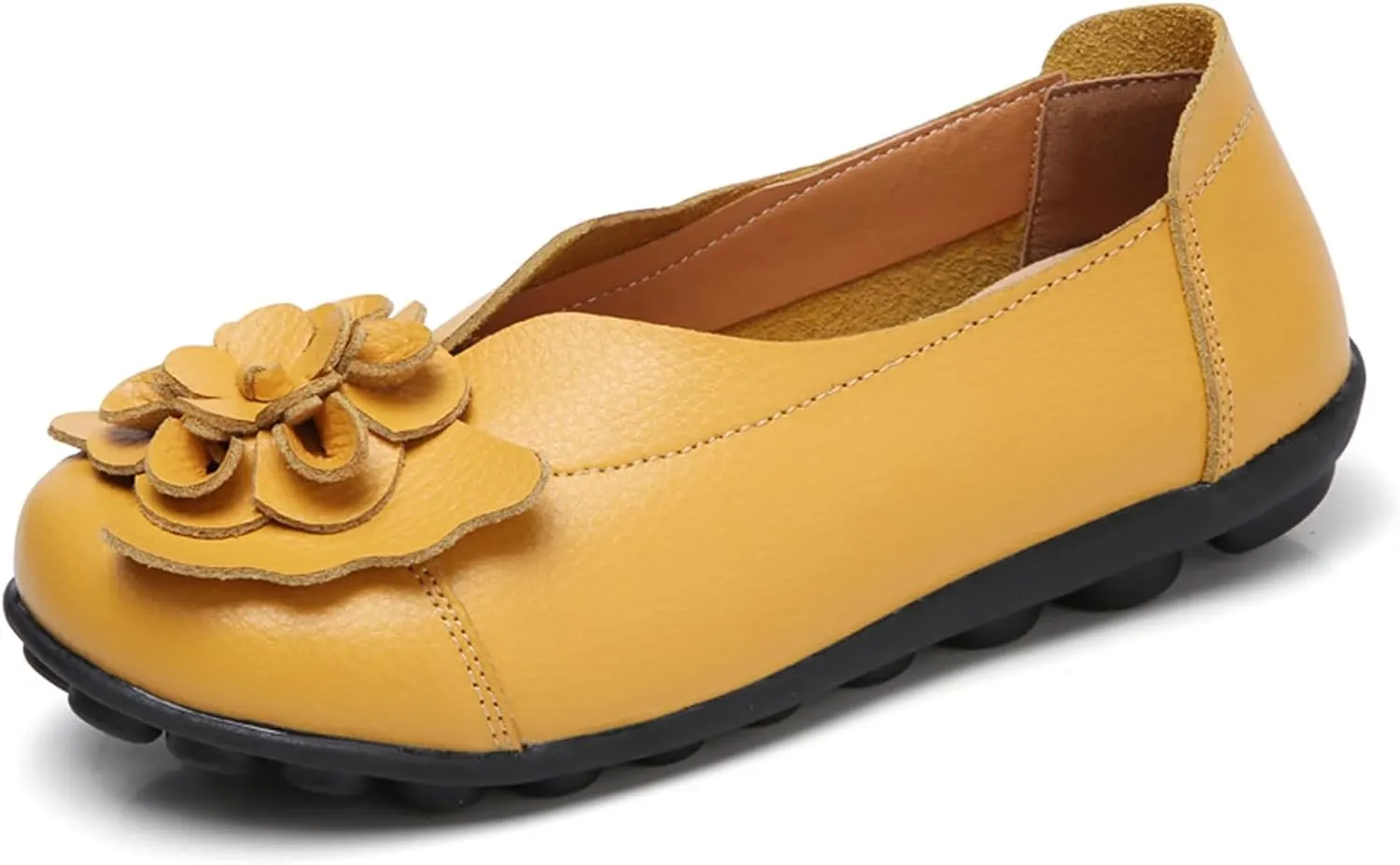 Slip on Loafers for Women Leather Flowers Loafers Comfortable Walking Work Flats Shoes Lightweight Soft Sole Flat Shoes Round Toe Summer Shoe