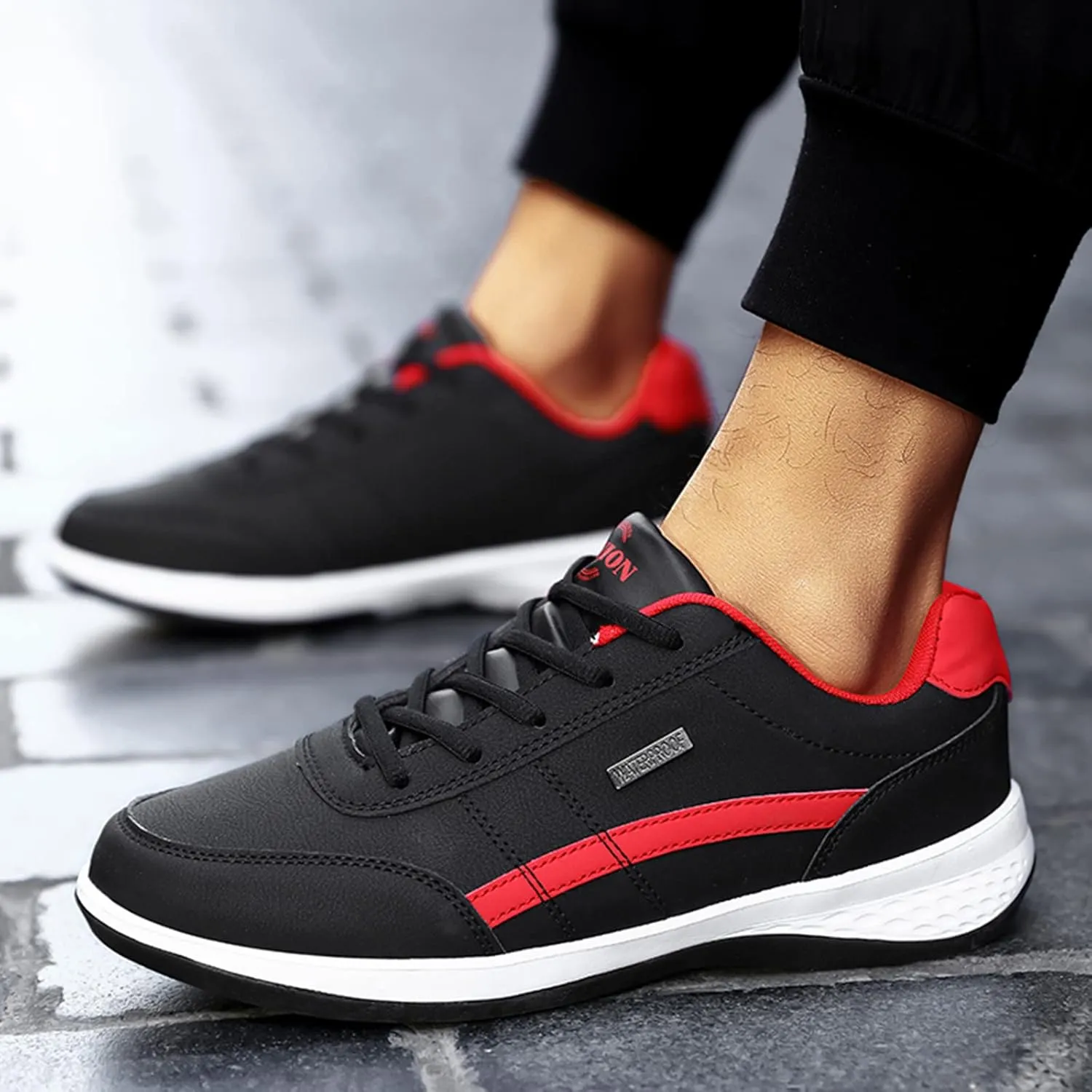 Slip on Walking Shoes Men PU Leather Comfortable Memory Foam Breathable Lace Up Fashion Sneakers Non Slip Arch Support Vacation Training Gym Shoes Wide Width