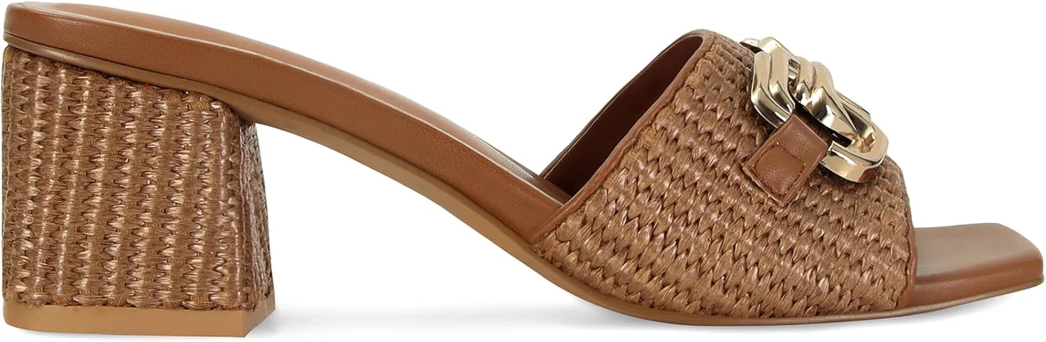 SOVANYOU Raffia Sandals Women Block Heel Sandals Square Open Toe Mule Heels Slip On Beach Heels Summer Shoes