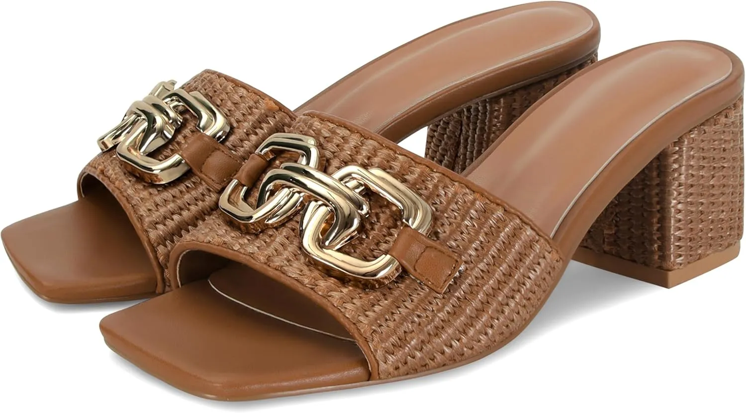 SOVANYOU Raffia Sandals Women Block Heel Sandals Square Open Toe Mule Heels Slip On Beach Heels Summer Shoes