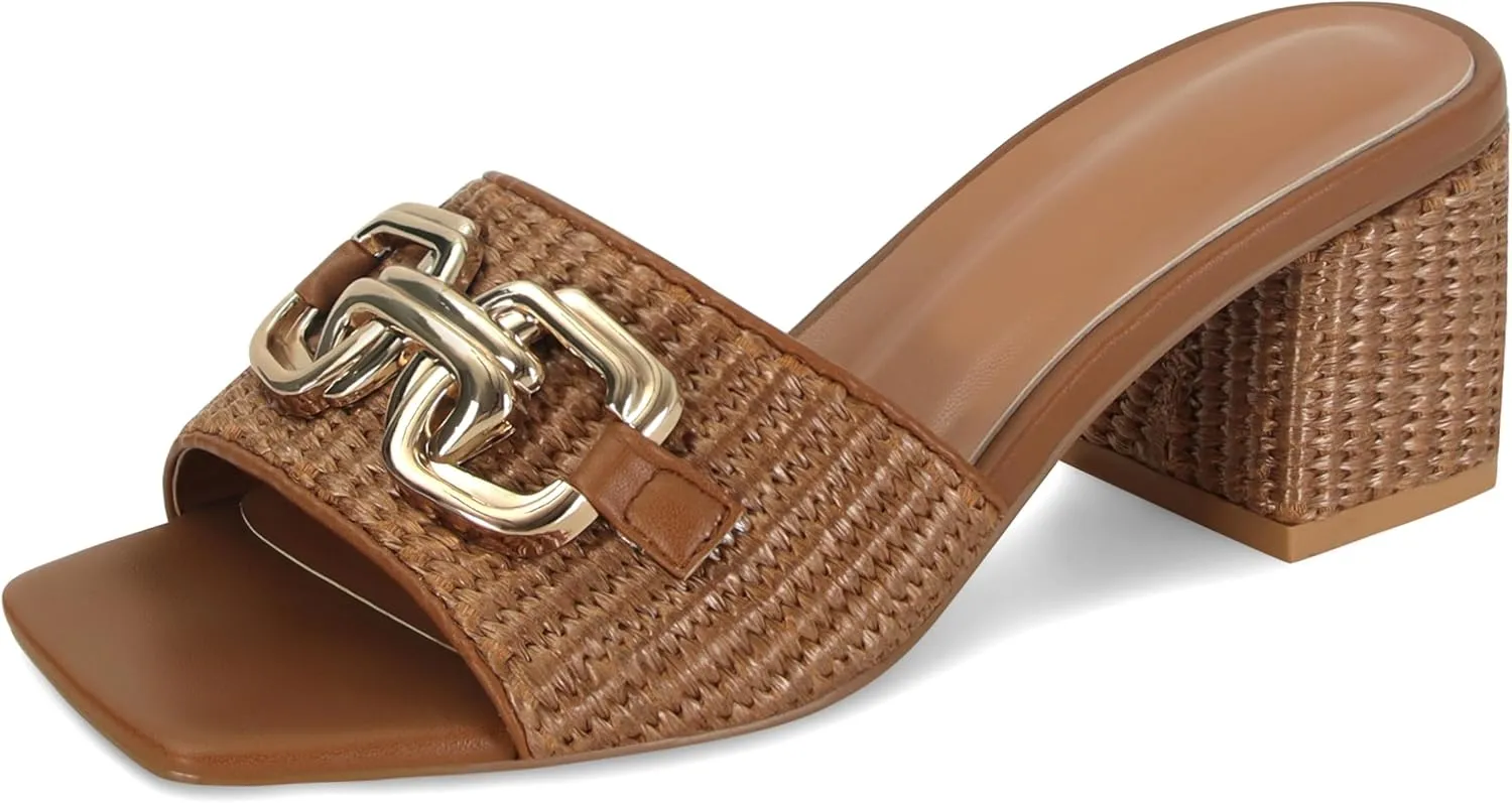 SOVANYOU Raffia Sandals Women Block Heel Sandals Square Open Toe Mule Heels Slip On Beach Heels Summer Shoes