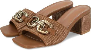 SOVANYOU Raffia Sandals Women Block Heel Sandals Square Open Toe Mule Heels Slip On Beach Heels Summer Shoes