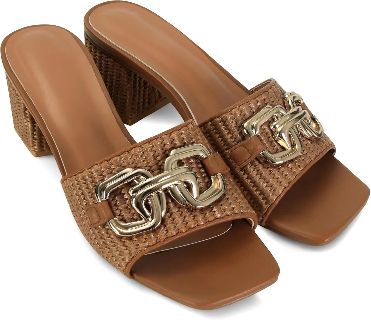 SOVANYOU Raffia Sandals Women Block Heel Sandals Square Open Toe Mule Heels Slip On Beach Heels Summer Shoes