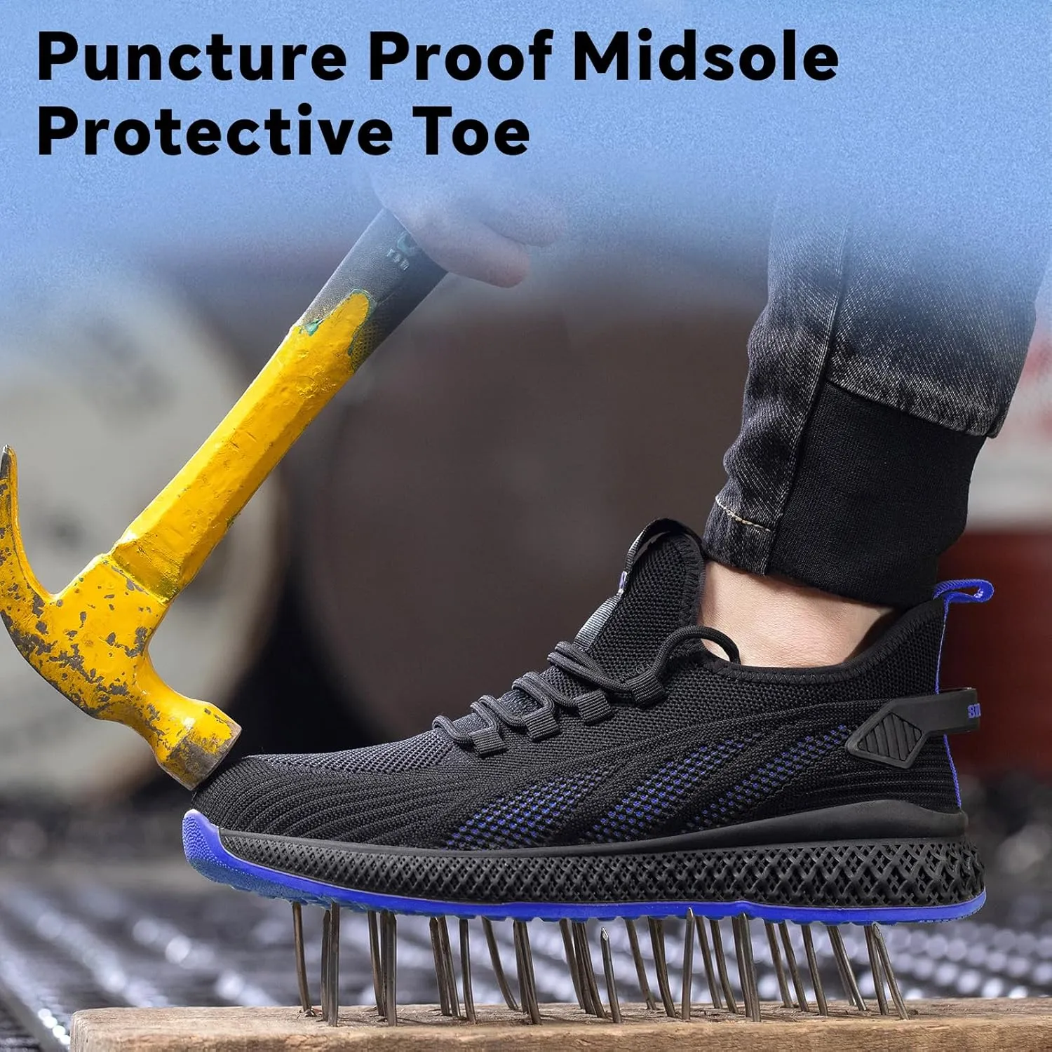 SPIEZ Unisex Safety Shoes with Composite Toe Cap, Puncture Proof Breathable Work Shoes for Men and Women, Slip on Fashion Sneakers for Work and Daily Wear, BlackBlue-Upgraded