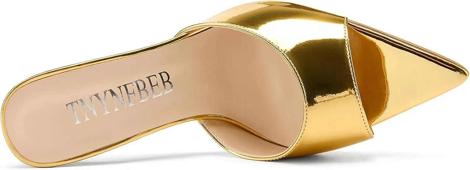 TNYNFBEB Womens Stiletto High Peep Open Pointed Toe Sandals Mules Shoes Slip-on Slingback Office Party Dress Patent Leather Summer 3.9 Inches Heels