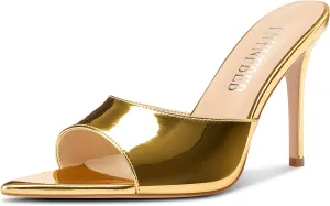 TNYNFBEB Womens Stiletto High Peep Open Pointed Toe Sandals Mules Shoes Slip-on Slingback Office Party Dress Patent Leather Summer 3.9 Inches Heels