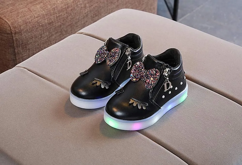 Toddler Girls Light Up Boots Cute Crystal Bowknot Shoes LED Luminous Non-Slip Soft Boots with Side Zipper