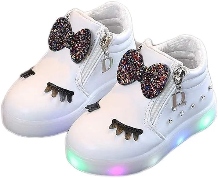 Toddler Girls Light Up Boots Cute Crystal Bowknot Shoes LED Luminous Non-Slip Soft Boots with Side Zipper