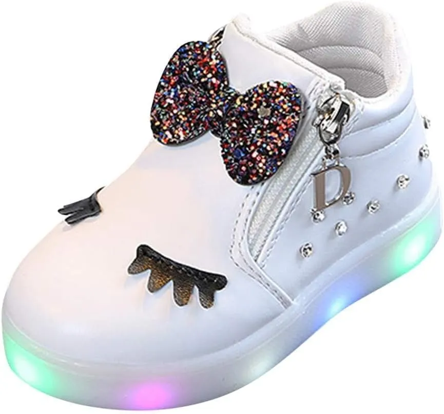 Toddler Girls Light Up Boots Cute Crystal Bowknot Shoes LED Luminous Non-Slip Soft Boots with Side Zipper