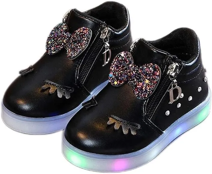 Toddler Girls Light Up Boots Cute Crystal Bowknot Shoes LED Luminous Non-Slip Soft Boots with Side Zipper