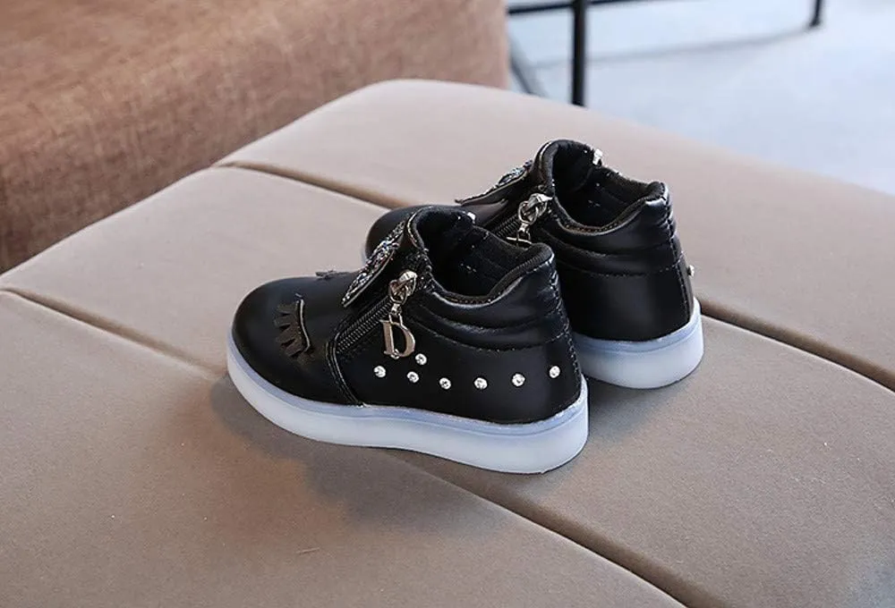Toddler Girls Light Up Boots Cute Crystal Bowknot Shoes LED Luminous Non-Slip Soft Boots with Side Zipper