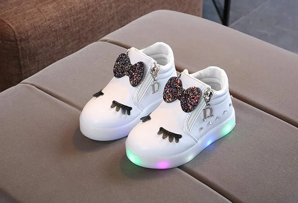 Toddler Girls Light Up Boots Cute Crystal Bowknot Shoes LED Luminous Non-Slip Soft Boots with Side Zipper
