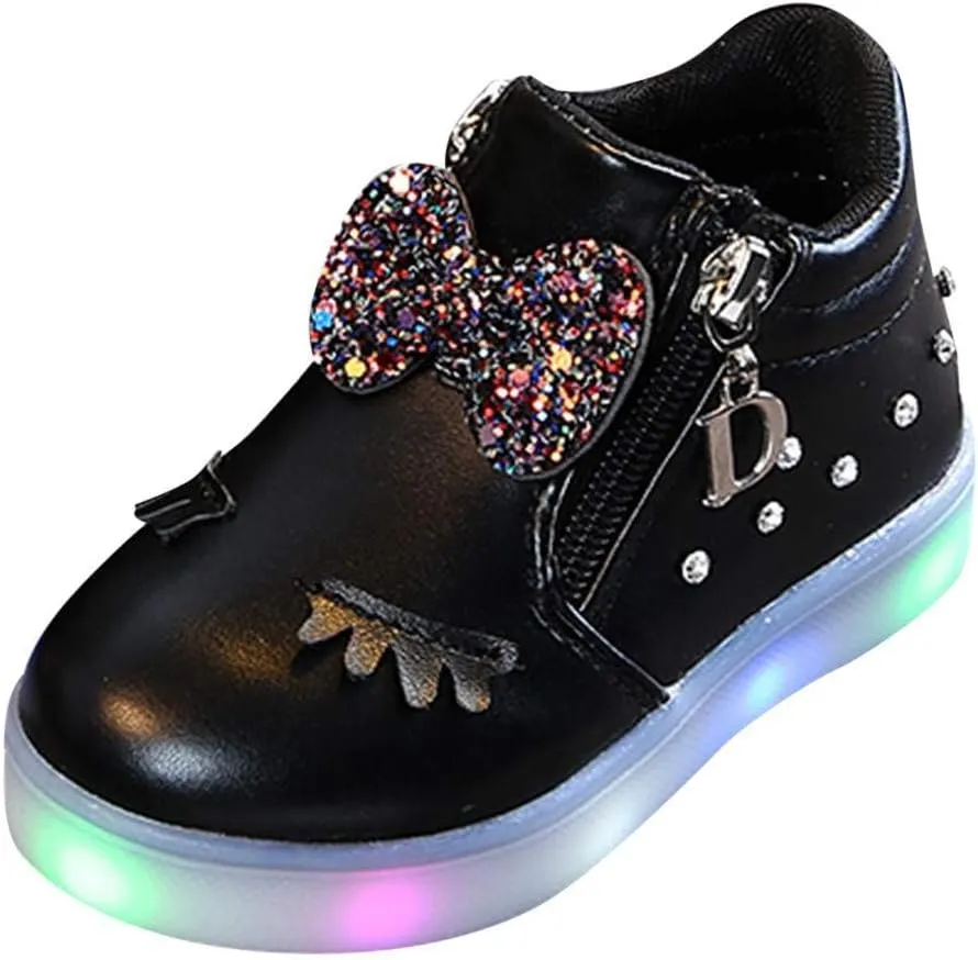 Toddler Girls Light Up Boots Cute Crystal Bowknot Shoes LED Luminous Non-Slip Soft Boots with Side Zipper