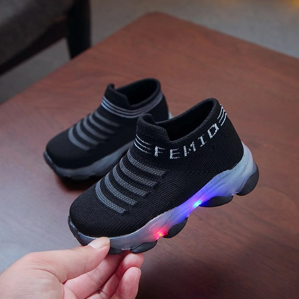 Toddler Girls Lights up Sneakers Sole Non Slip Glitters Sport Sock Shoes Kids Breathable Comfy First Walking Shoes