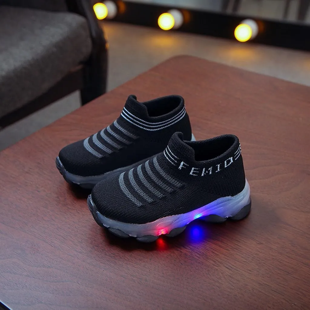 Toddler Girls Lights up Sneakers Sole Non Slip Glitters Sport Sock Shoes Kids Breathable Comfy First Walking Shoes