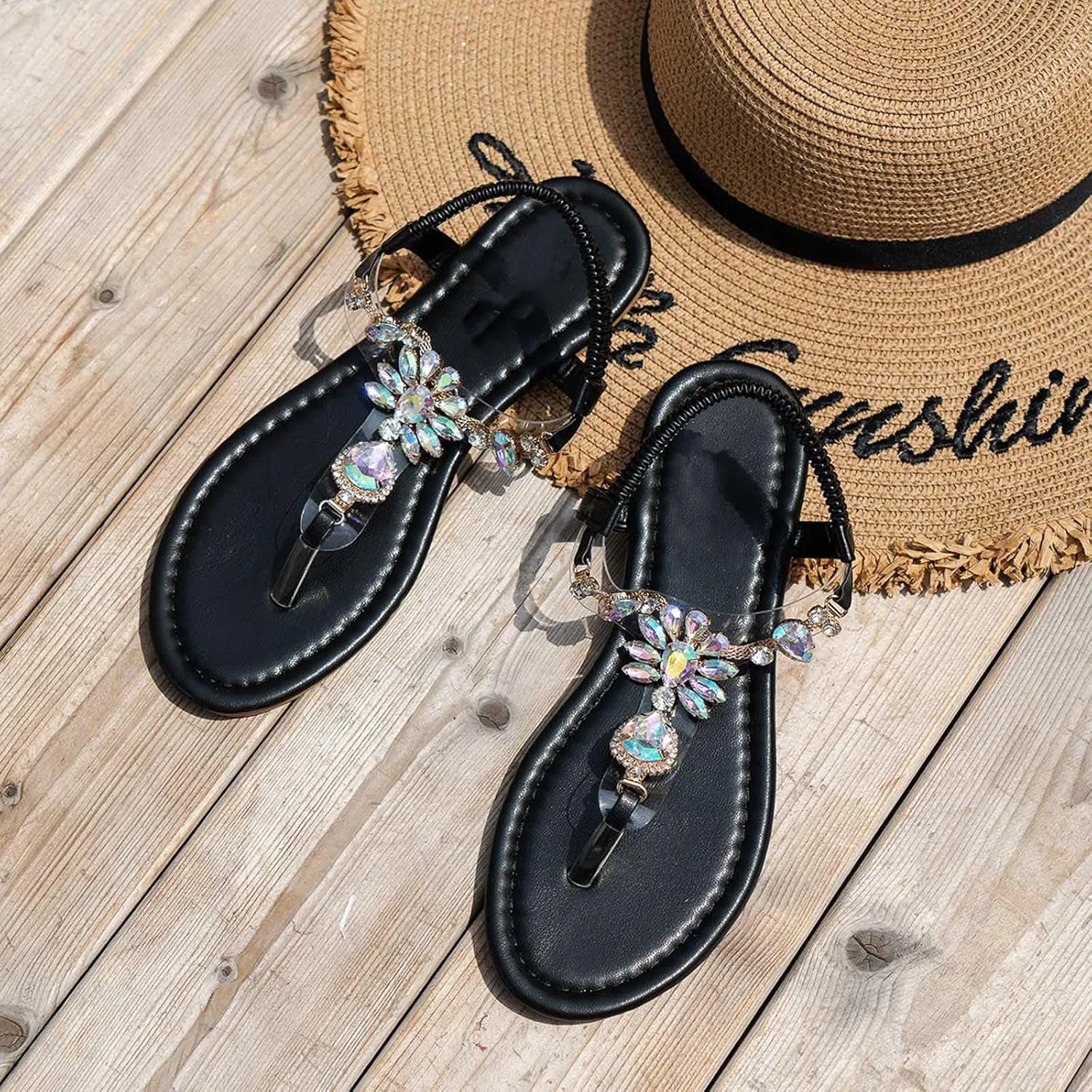 Walking Sandals Women, Flat Sandals Elastic Strappy Thong Ankle Strap Summer Dress Beach Gladiator Sandals with Slingback Rhinestone Bohemian Flat Sandals Dressy Casual Summer Sandals